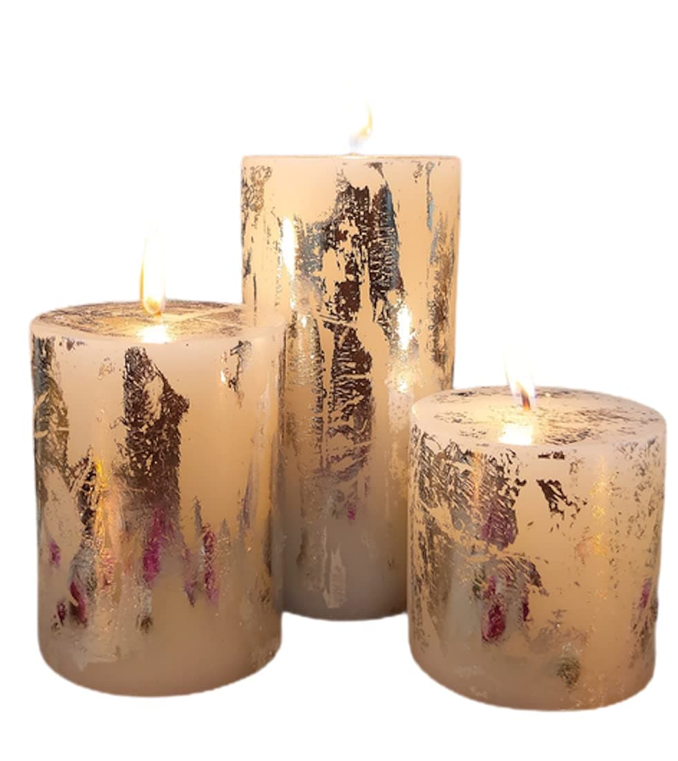 Floryn Decor Set of 3 Metallic Pillar Candles Decoration Dinner Wedding Party Candles Perfect Use for Home Decor - Church-Spa Candle, Restaurant | Smokeless & Dripless (Silver Dust)