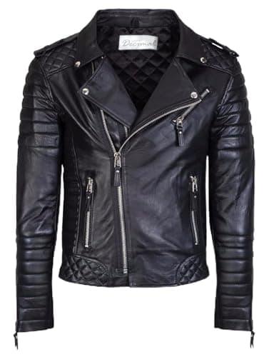 DECIMAL Mens Black REAL Lambskin Leather Biker Jacket VINTAGE GENUINE MOTORCYCLE JACKETS FOR MEN US Alpha Small Regular Regular C BLACK