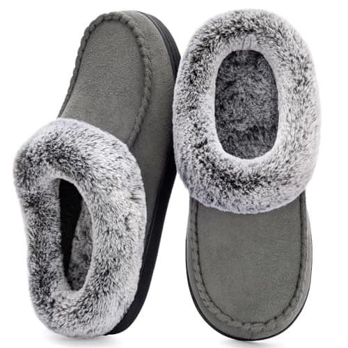 ULTRAIDEAS Women's Memory Foam House Slippers with Hard Bottom, Fur Lined House Shoes with Non-Slip Rubber Sole for Indoor & Outdoor(Dark Grey,5-6)