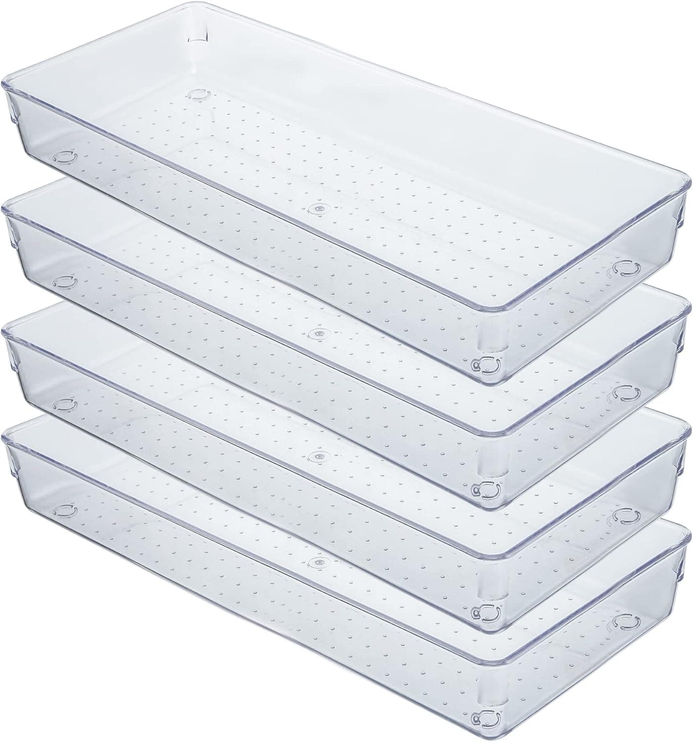 Kingrol 4 Pack Clear Drawer Organizer Trays 15 x 6 x 2 Inch Desk Drawer Divider Storage Bins Storage Box Set for Utensils Junks Vanities Makeups Jewelry Office Craft Supplies