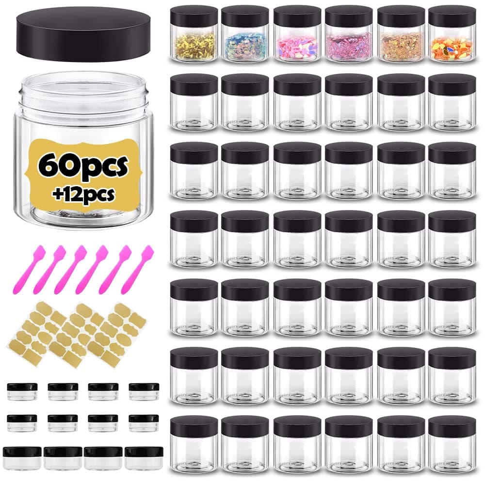 2 oz Plastic Containers with Lids 60pcs Plastic Jars with Lids 3510 Gram 12pcs Sample Containers Travel Jar Great for Lip ScrubBody ButtersCreamLotion Labels Spatulas 72 Pack