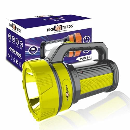 Pick Ur Needs 50W Rechargeable Long Range Search Torch Light with 2 Side Emergency Kissan Light (Yellow)