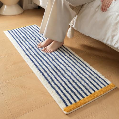 GIB Bathroom Runner Rug Mat 47" x 16", Extra Soft Absorbent Plush Fluffy Bath Rugs, Non-Slip Washable Bath Mats for Bathroom Floor Shower Bedroom Decor, Blue & White Striped with Yellow Accents
