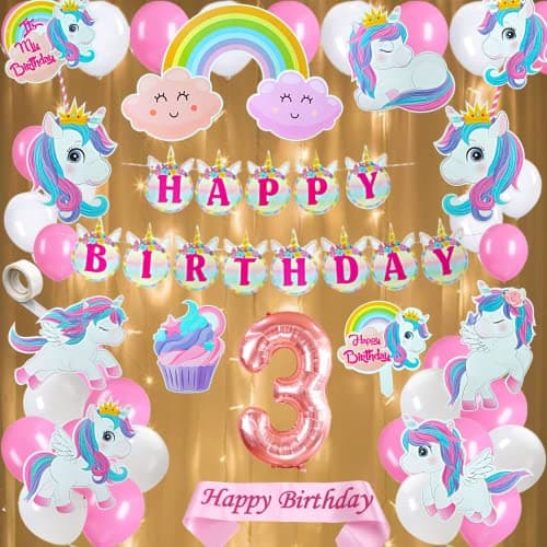 FI - FLICK IN Latex & Paper 50 Pcs Unicorn Theme Birthday Decorations Kit Unicorn Theme 3rd Birthday Decorations Kit 3rd Birthday Decorations for Girls Third Year Birthday (Pack of 50, Pink & White)