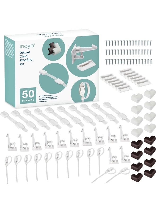 Inaya Complete 50pc Deluxe Baby Proofing Kit - Flexible Hidden Baby Locks for Cabinets and Drawers, Adjustable Child Safety Latches, Corner Guards & Furniture Anchors