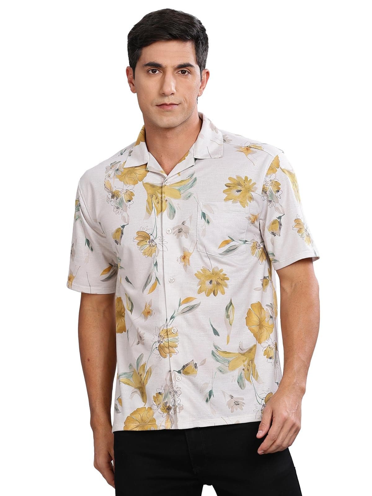 BULLMER Trendy Regular Fit Printed Half Sleeve Shirt for Men Yellow Small
