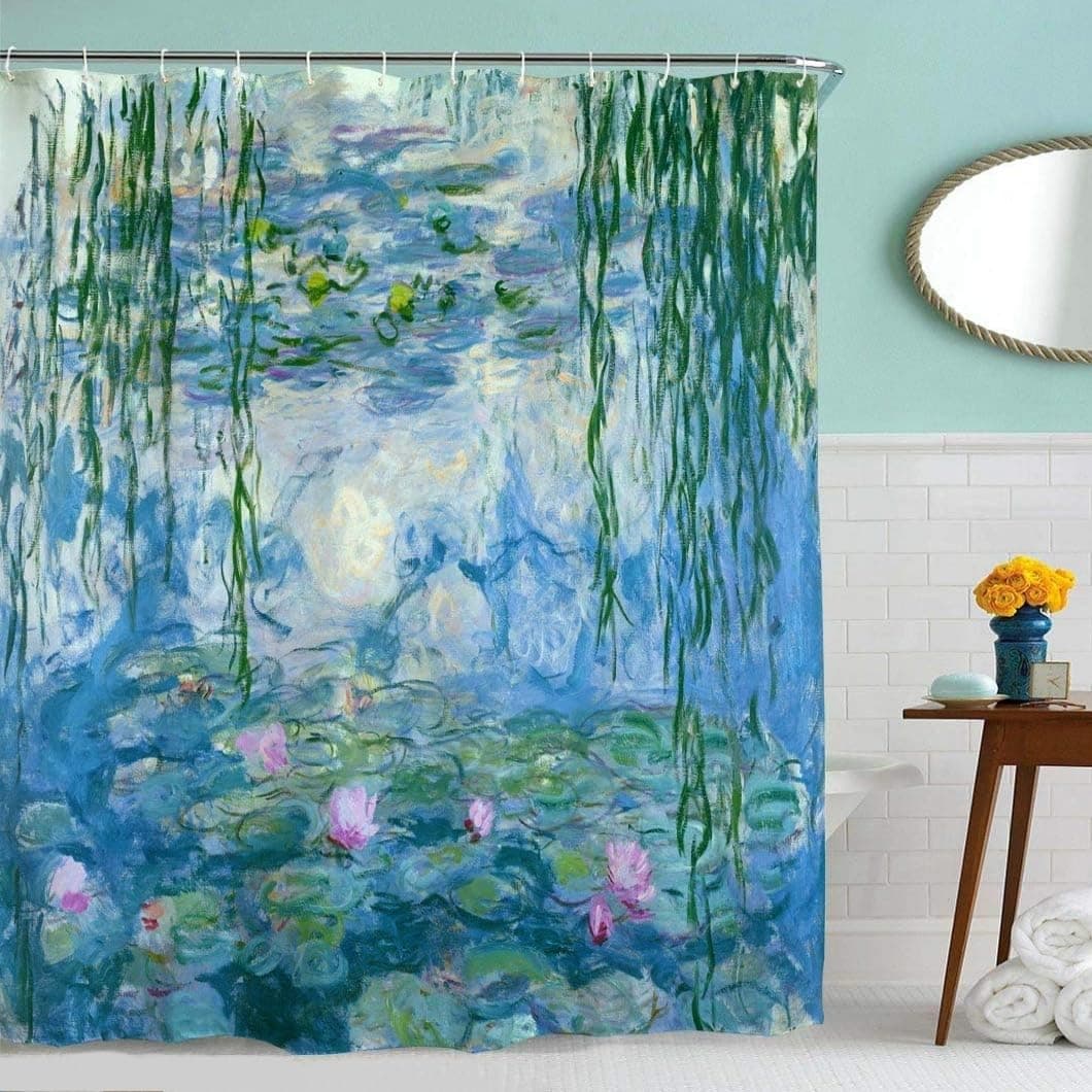 IcosaMro Monet Shower Curtain for Bathroom with Hooks Water Lilies Lotus Watercolor Garden Art Fowers Floral Decorative Long Cloth Fabric Shower Curtain Blue 71x72 Inches