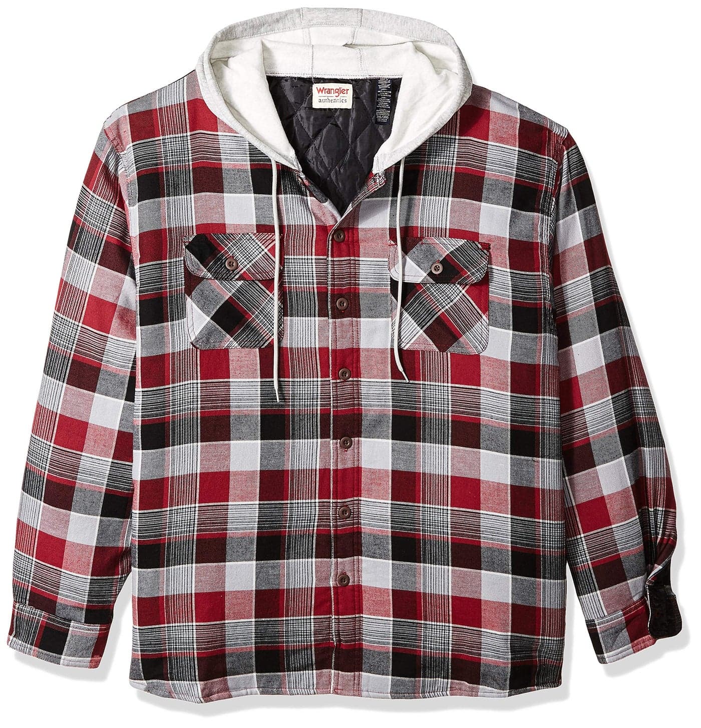Wrangler Authentics Men's Long Sleeve Quilted Lined Flannel Shirt Jacket with Hood, Biking Red, Medium