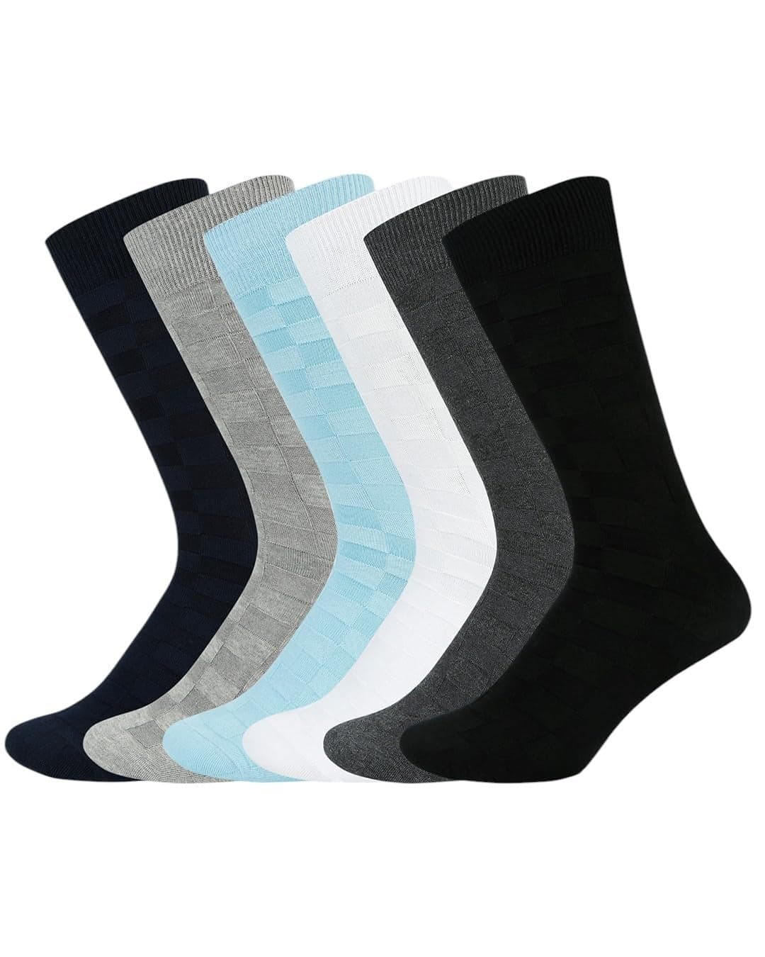 BALENZIA SocksXpress Men’s Motif Cotton Crew Socks | Pack of 6 Pairs | Black, Beige, Blue, Dark Grey, Light Grey, White|Calf-Length Premium Combed Cotton with Comfort Cuff| Everyday Formal Wear