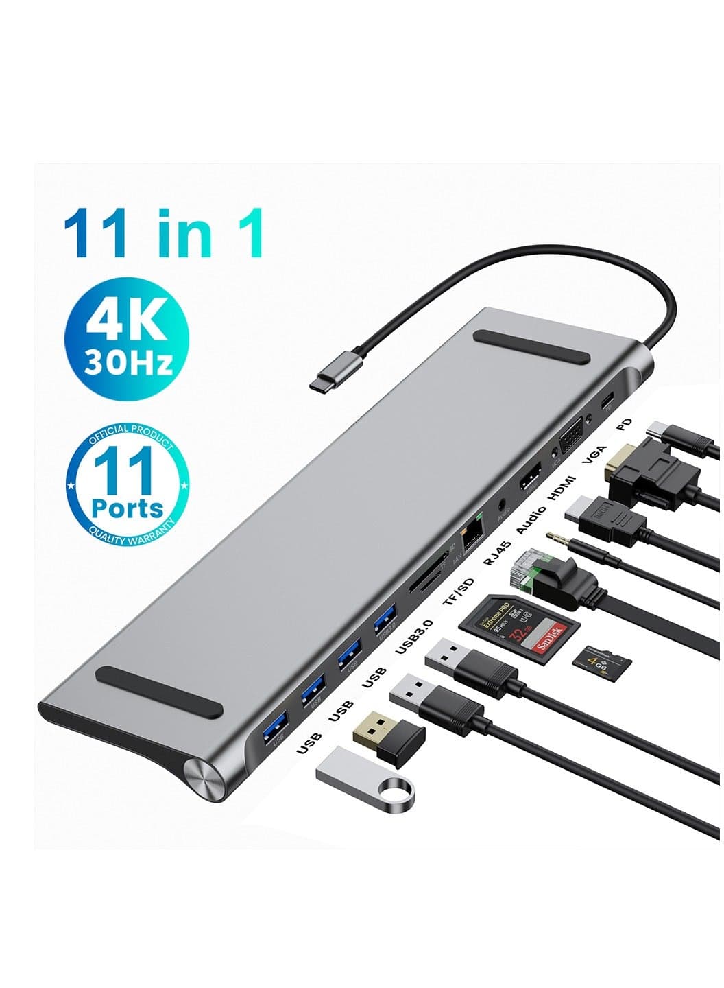 USB Type-C 11-in-1 Dock, C Hub for Macbook Pro, Macbook Docking Station USB C, Aluminum C Hub with Gigabit Ethernet, HDMI, VGA, Audio Mic Port, SD/TF Card Reader
