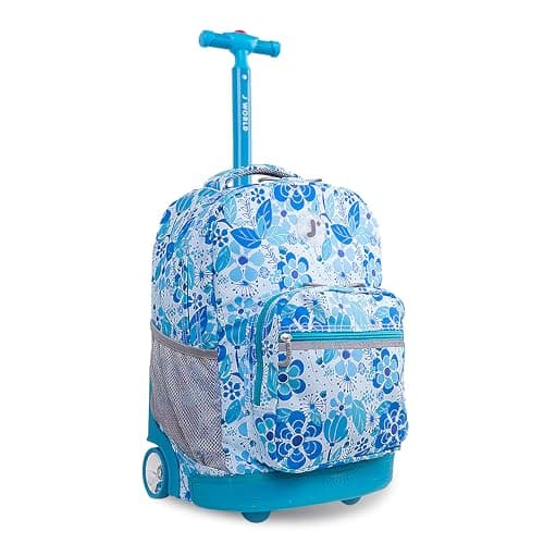 J World Sunrise Kids Rolling Backpack for Girls Boys. Roller Bookbag With Wheels For School, Blue Vine