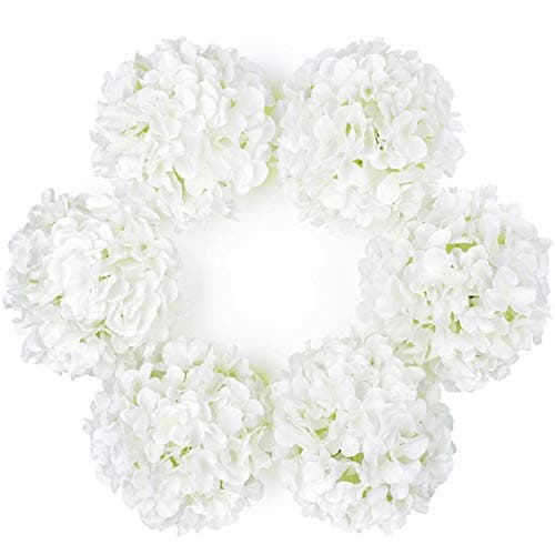 DuHouse Artificial Bigger Silk Hydrangea Flower Heads with Stem Fake White Hydrangea Flowers for Wedding Home Garden Centerpiece Pack of 6