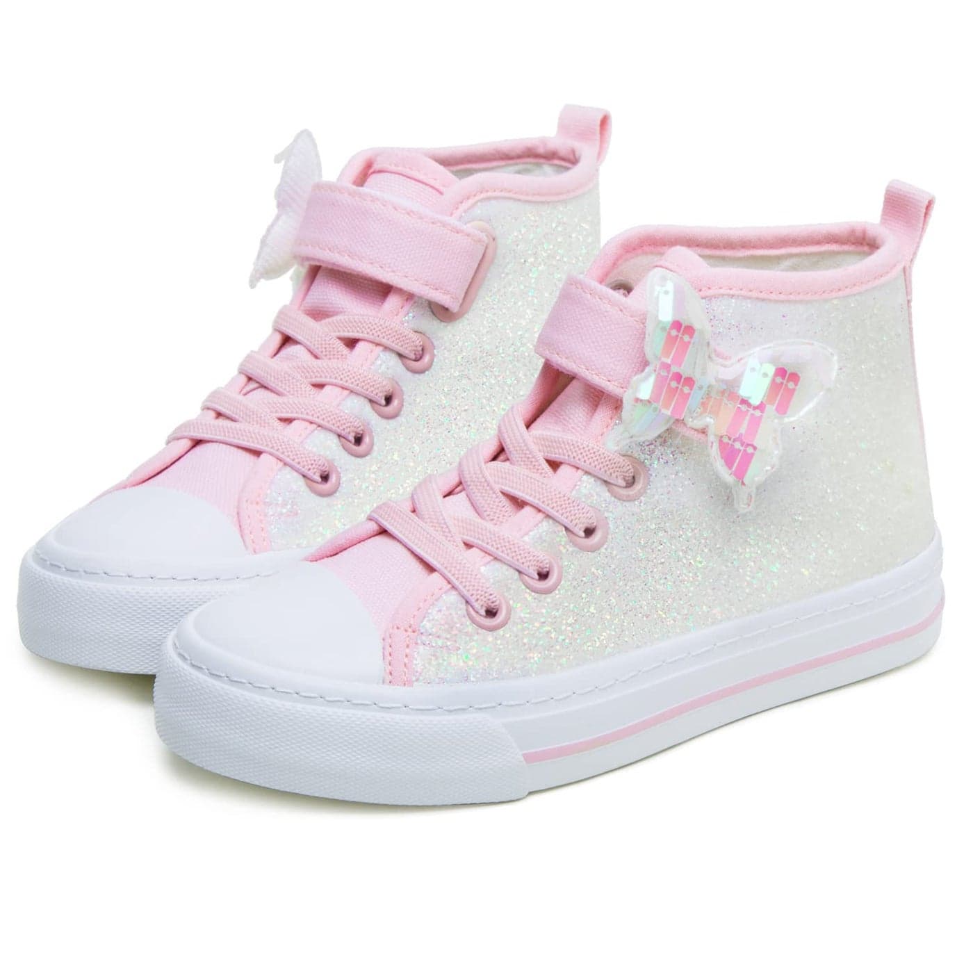 Toandon Girls Kids Sneakers Glitter Canvas Shoes Sparkle High Top Toddler Child Adjustable Hook Loop Straps Velcro Non Slip Lightweight Walking Outdoor Sequins Pink White Size 1