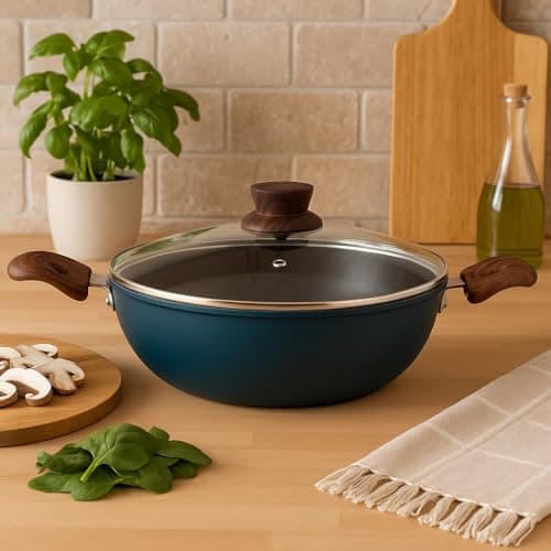 The Better Home 2.5mm Triply Kadai (2.6L-24cm) with Glass Lid | Tryply SS Kadai With Heavy Bottom & Wooden Handle | Gas & Induction Kadhai | Karahi For Kitchen | Triply Stainless Steel Cookware (Blue)