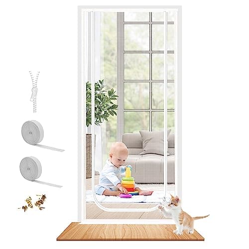Dixutzi Reinforced Cat Screen Door Fits Door Size 32x 80 Heavy Duty Pets Proof Screen Door with Zipper Prevent Dogs Cats Running Out from Home White