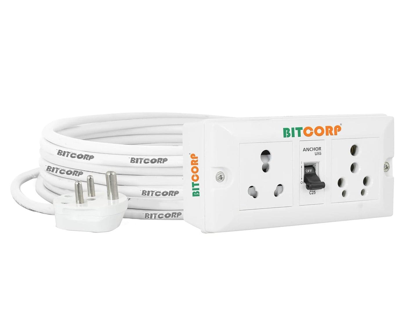Bitcorp Extension Board Heavy Duty Box 15A 16A 20A with Thermal Protection 2 Way Socket 1 Switch 2500W Surge Protection with 3 Meter Long Cable Cord Wall Mount White