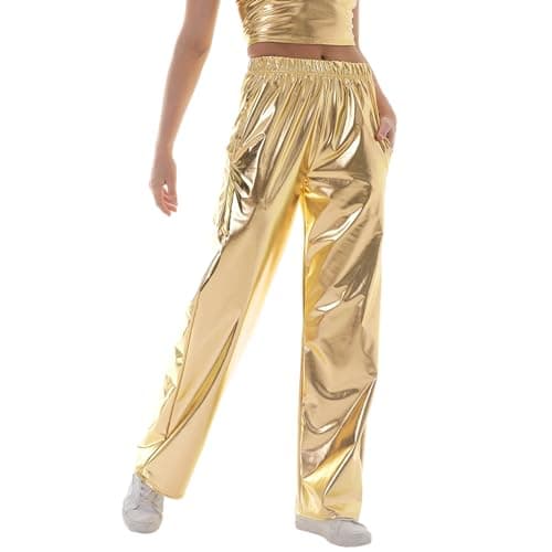 NewL Women Shiny Hip Hop Trousers Metallic Wetlook Wide Leg Pants Retro Disco Hippie Club Straight Leg Pants Streetwear (L, Gold)