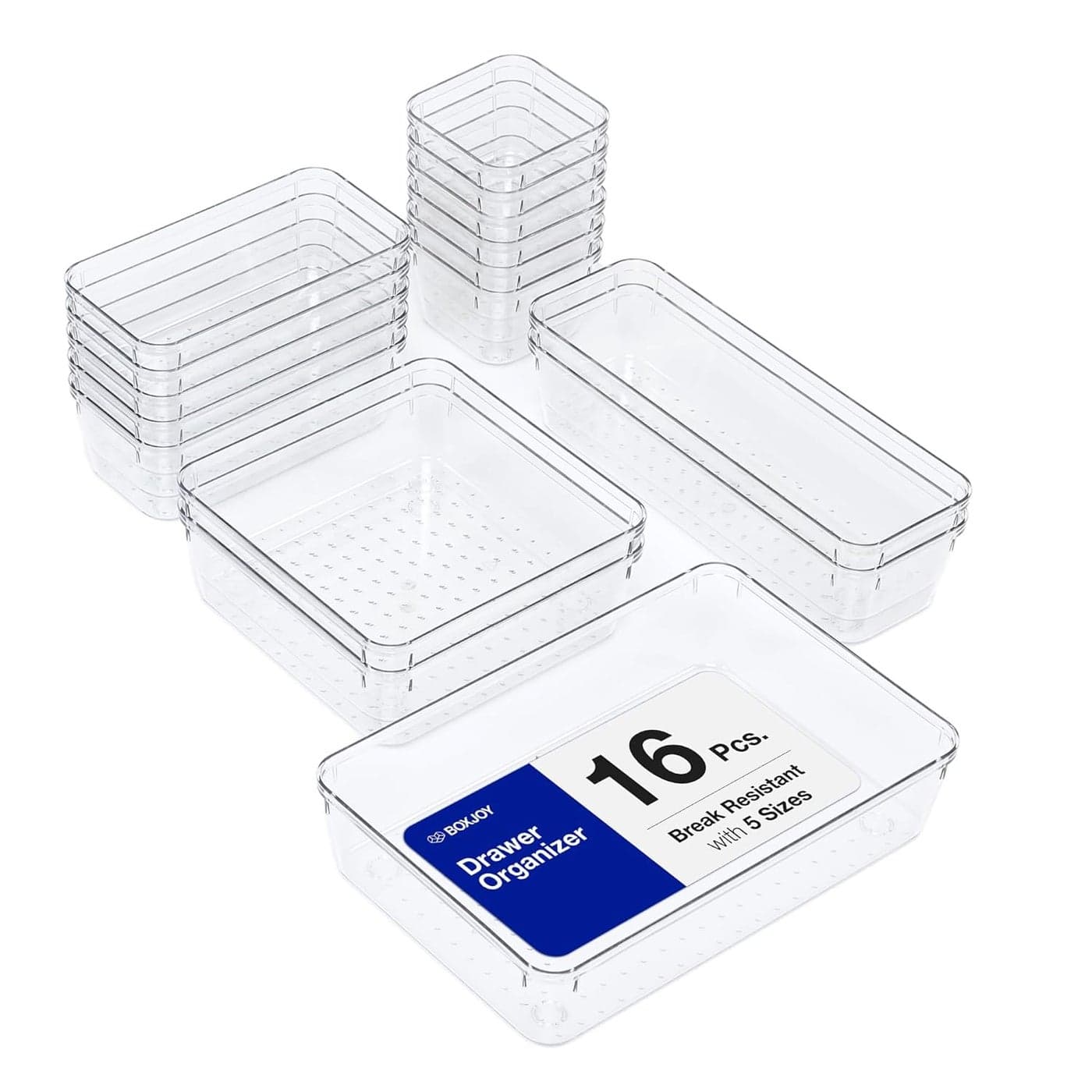 BOXJOY Set of 16 Acrylic Drawer Organisers Transparent Organizer Tray for Drawers Dressing Table Makeup Storage Cosmetic Dividers Bathroom Cabinets and Make Up Plastic Boxes