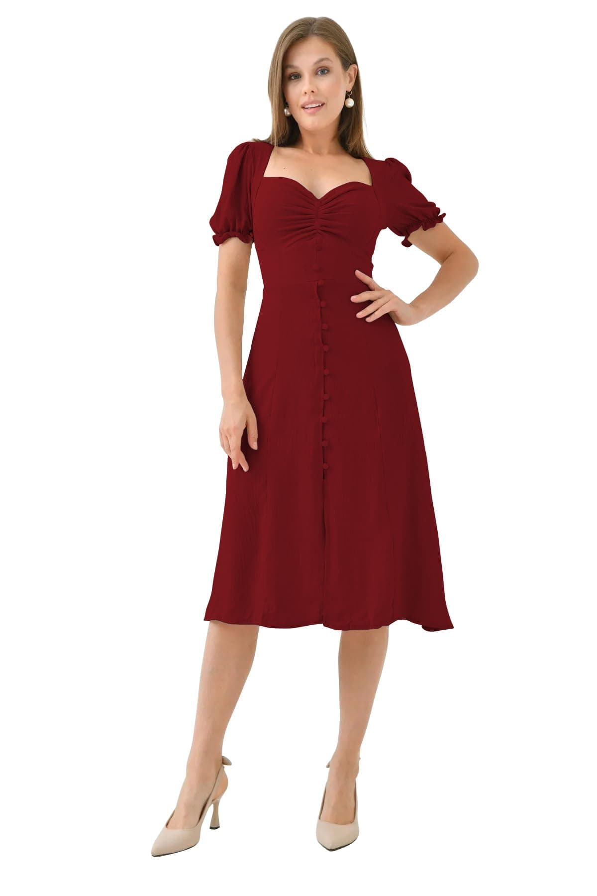 Shasmi Girl's & Women's Solid Maroon Midi Dress – Elegant Square Neck Button-Down Dress with Puff Short Sleeves | Stylish Casual & Party & Office Wear Outfit (Dress 105 Maroon-M)