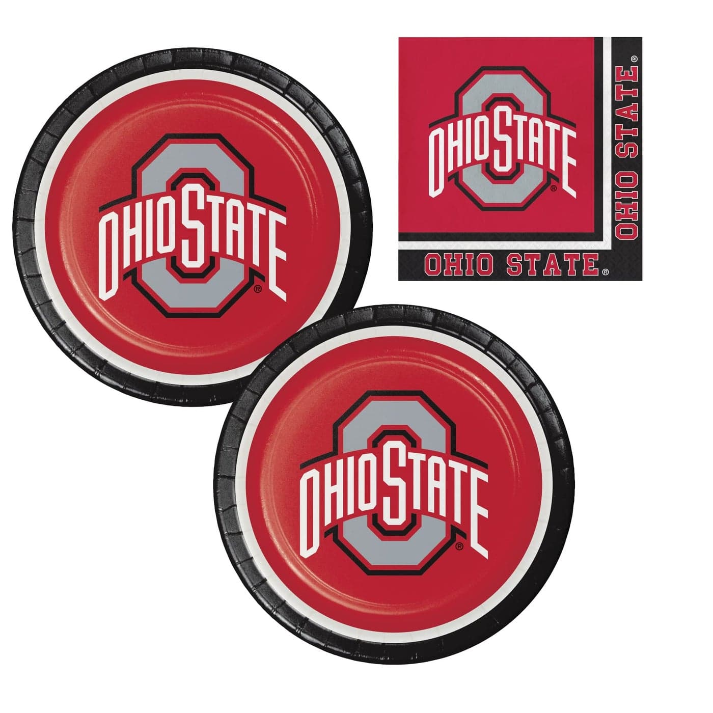 Party Creations Ohio State Buckeyes Party Supplies Bundle Includes Paper Plates and Napkins for 16 People Red Black and White Medium