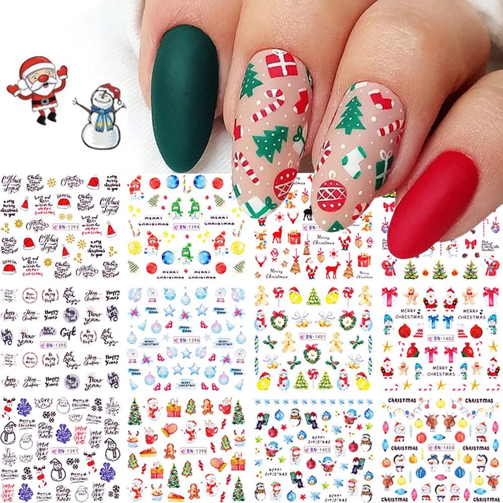 Christmas Nail Art Stickers Snowflake Nail Decals Water Transfer Colorful Snowmen Reindeer Bell Merry Christmas Happy New Year Xmas Tree Winter Nail Tattoo Stickers 12 Sheets