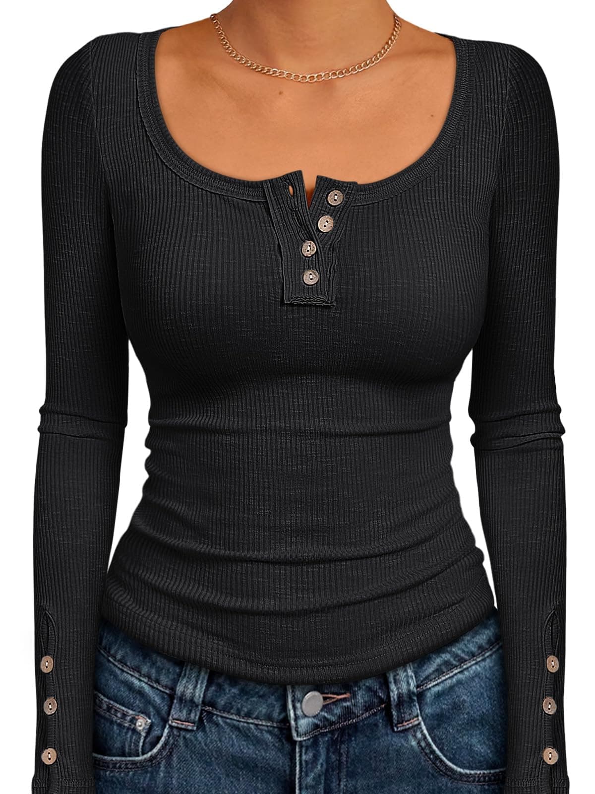 Kissfix Long Sleeve Shirts for Women Fall Winter Henley Tops Business Casual Ribbed Blouses Fashion Trendy Outfits 2025 A Black M
