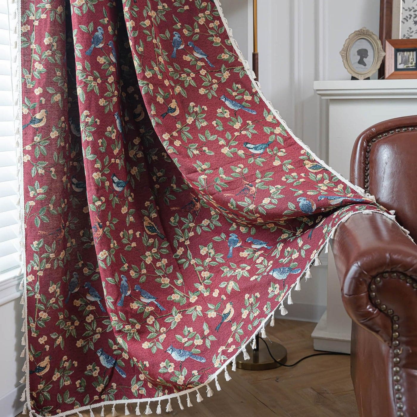 ENJOYBRIDAL Floral 96 Inch Curtains for Living Room Maroon Drapes Bird Pattern Jacquard Long Window Curtain Panels Rod Pocket Bedroom Farmhouse Boho Tassel Semi Blackout 2 Panels Window Treatments