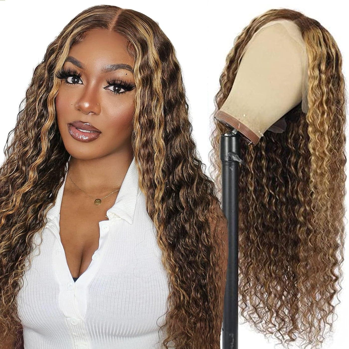 Ombre Highlight Lace Front Wig Human Hair Pre Plucked 13x6 HD Transparent Lace Frontal Wigs Human Hair 180 Density Loose Deep Wave Wigs for Black Women 427 Honey Blonde Human Hair Wig Colored 32inch