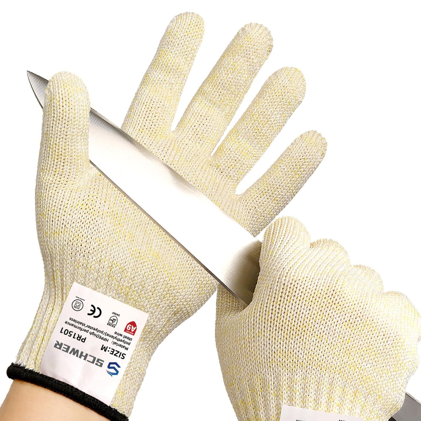 Schwer SlicePro ANSI A9 Cut Resistant Gloves Food Grade Cutting Glove Mandoline Gloves for Kitchen Oyster Shucking 2 Pairs L Beige