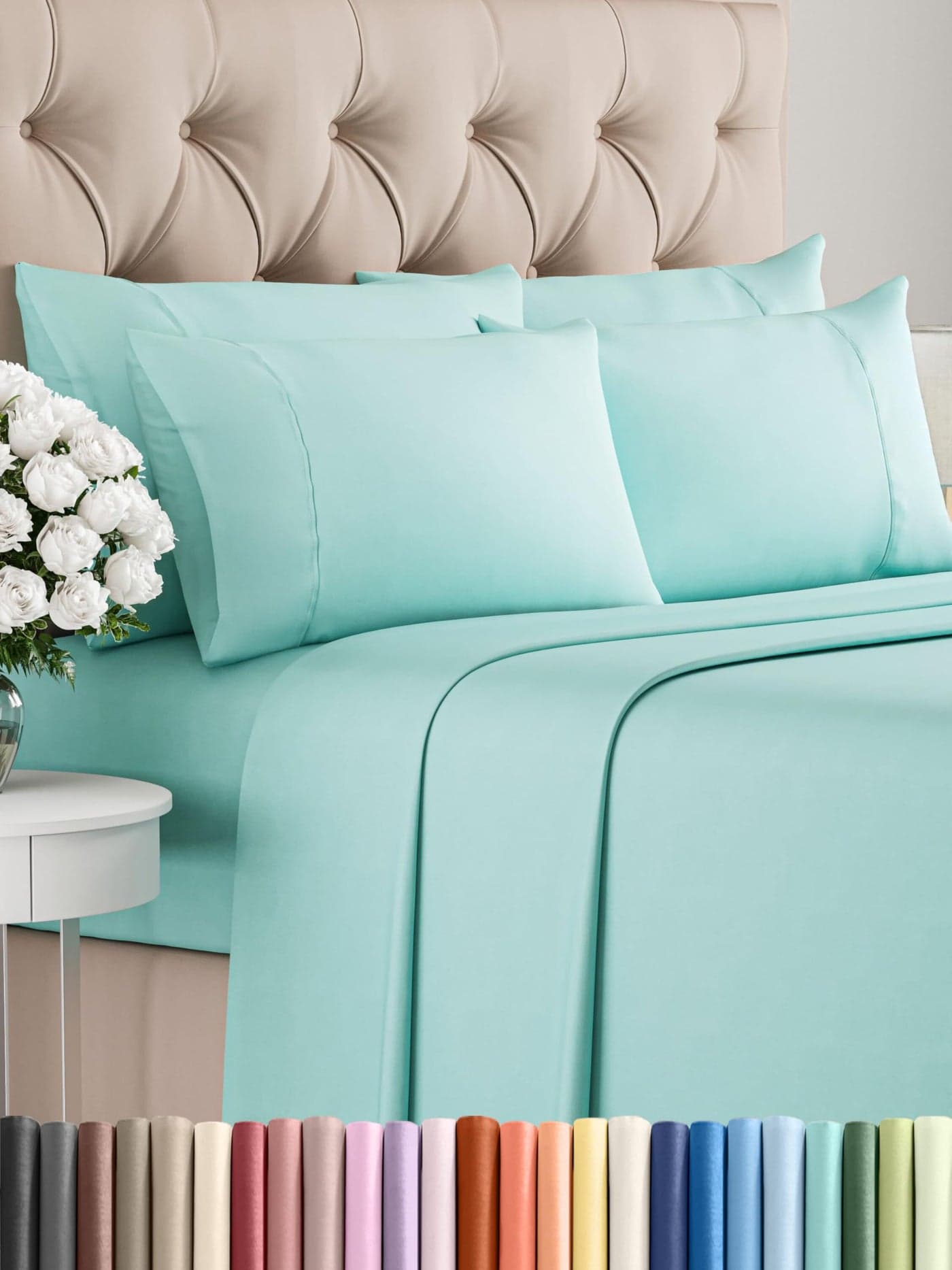 Queen Sheets Set 6 Piece - Includes 4 Pillowcases - Bed Sheets Queen Size - Soft Hotel Luxury Bedding - Cooling, Comfy, Cozy & Breathable - 1 Flat, 1 Fitted & 4 Pillowcases w/ Deep Pockets - Spa Blue