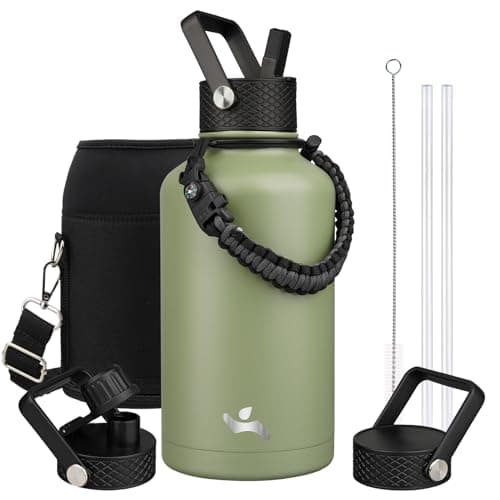 Konokyo Half Gallon Insulated Water Bottle with Straw64 oz 3 Lids Water Jug with Carrying BagParacord Handle Double Wall Vacuum Stainless Steel Metal FlaskCamp Green