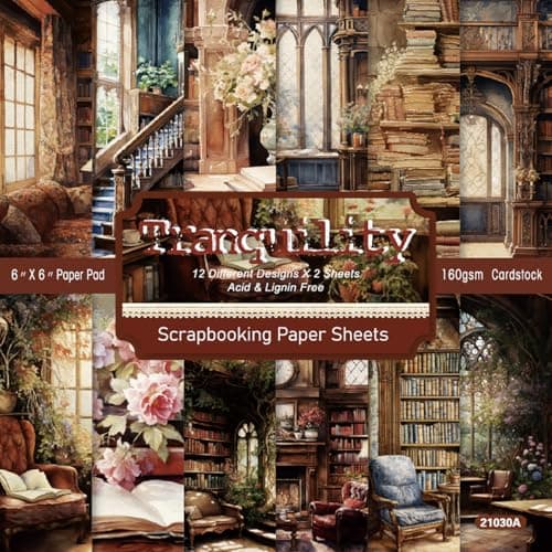 6x6 Scrapbook Paper Pad 24 Sheets Dark Academia Vintage Library Cardstock 160GSM Acid Free Decorative Craft Paper for Junk Journaling Card Making Supplies Tranquility