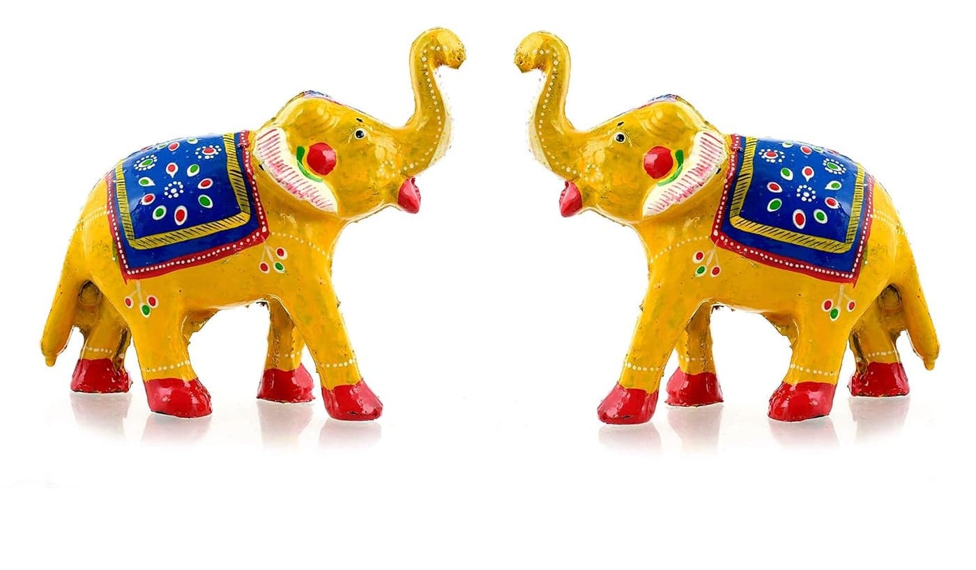 Rajasthani Art Shop White Elephant showpiece Set of 2 pcsfor Living Roomshowpiecefor PoojaTempleAntique Gift with Handpainted Techniqueand for Gifting Purpose Yellow