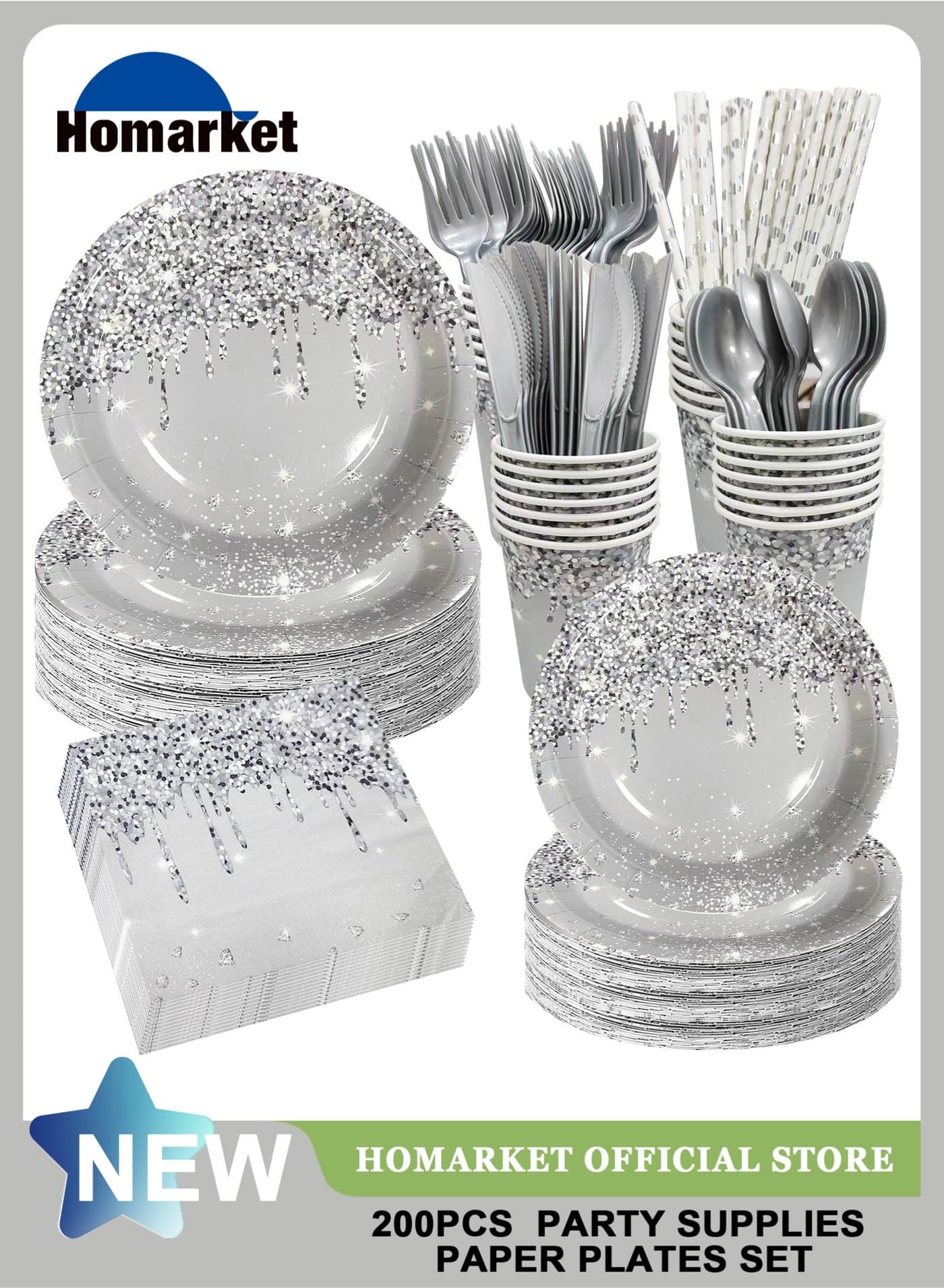 200PCS Disposable Paper Plates and Napkins,25 Guest Party Supplies Dinnerware Set Include Round Paper Plates Napkin Cup Straw Plastic Spoon Fork Knive for Party,Wedding,Birthday (Silver)