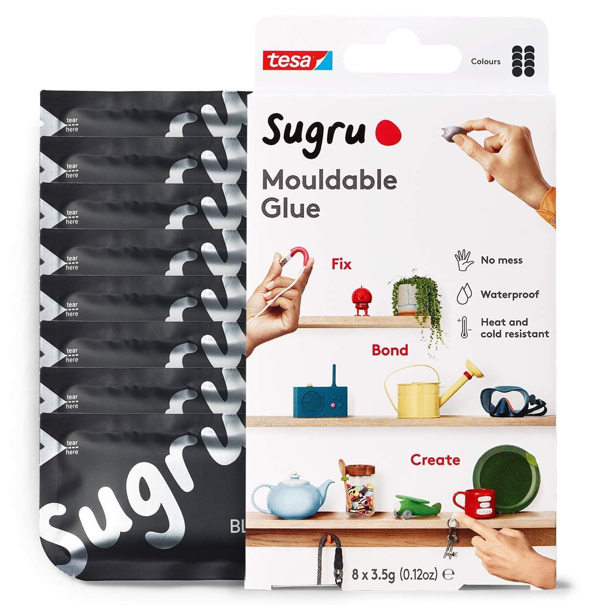 Tesa Sugru Super Glue - Waterproof Glue for Home Improvement + Craft Glue Tasks - Use as Wood Glue, Poster Putty or Silicone Adhesive for Repairing + Bonding - 8 Pack - Black (3.5g/ea)