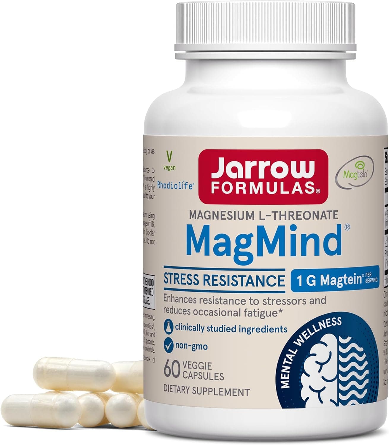Jarrow Formulas Magnesium LThreonate MagMind Stress Resistance with LTheanine and Rhodiolife High Absorption Magnesium Stress Relief and Mood Support 60 Veggie Capsules Up to a 30 Day Supply