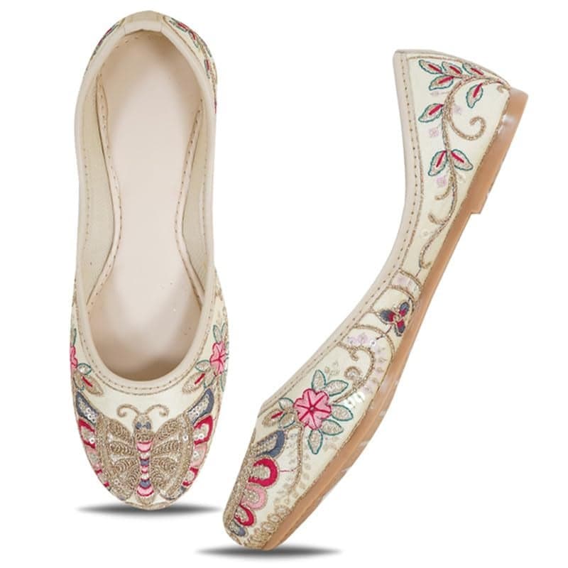 DFR Women's Embroidered Rajasthani Mojari Juti Shoe, Cream2, UK Size 6