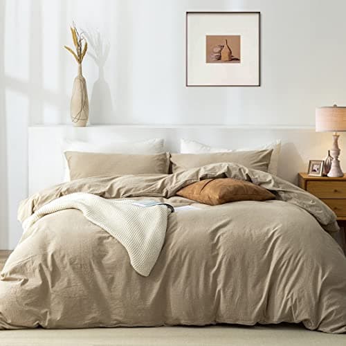 TIPTOE BEAR King Duvet Cover Set 100 Washed Cotton 3 Pcs Soft Comfy Breathable Chic Linen Feel Bedding 1 Duvet Cover and 2 Pillow Shams Beige