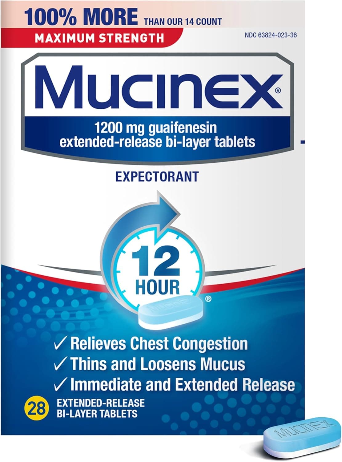 Maximum Strength 12 Hour Chest Congestion Expectorant Relief Tablets 1200 mg Thins Loosens Mucus 28 Count