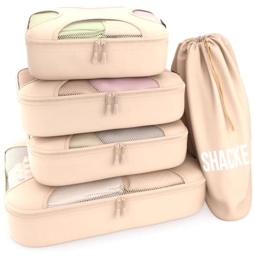 Shacke Premium 5 Packing Cubes Set - Lightweight Mesh Travel Luggage Organizers with Laundry Bag, 5-Piece Suitcase Storage System (Cream)