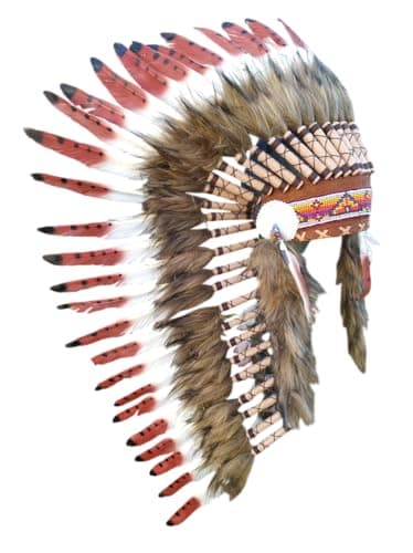 Native American Inspired Headdress Handcrafted with Genuine Feathers and Beads Brown