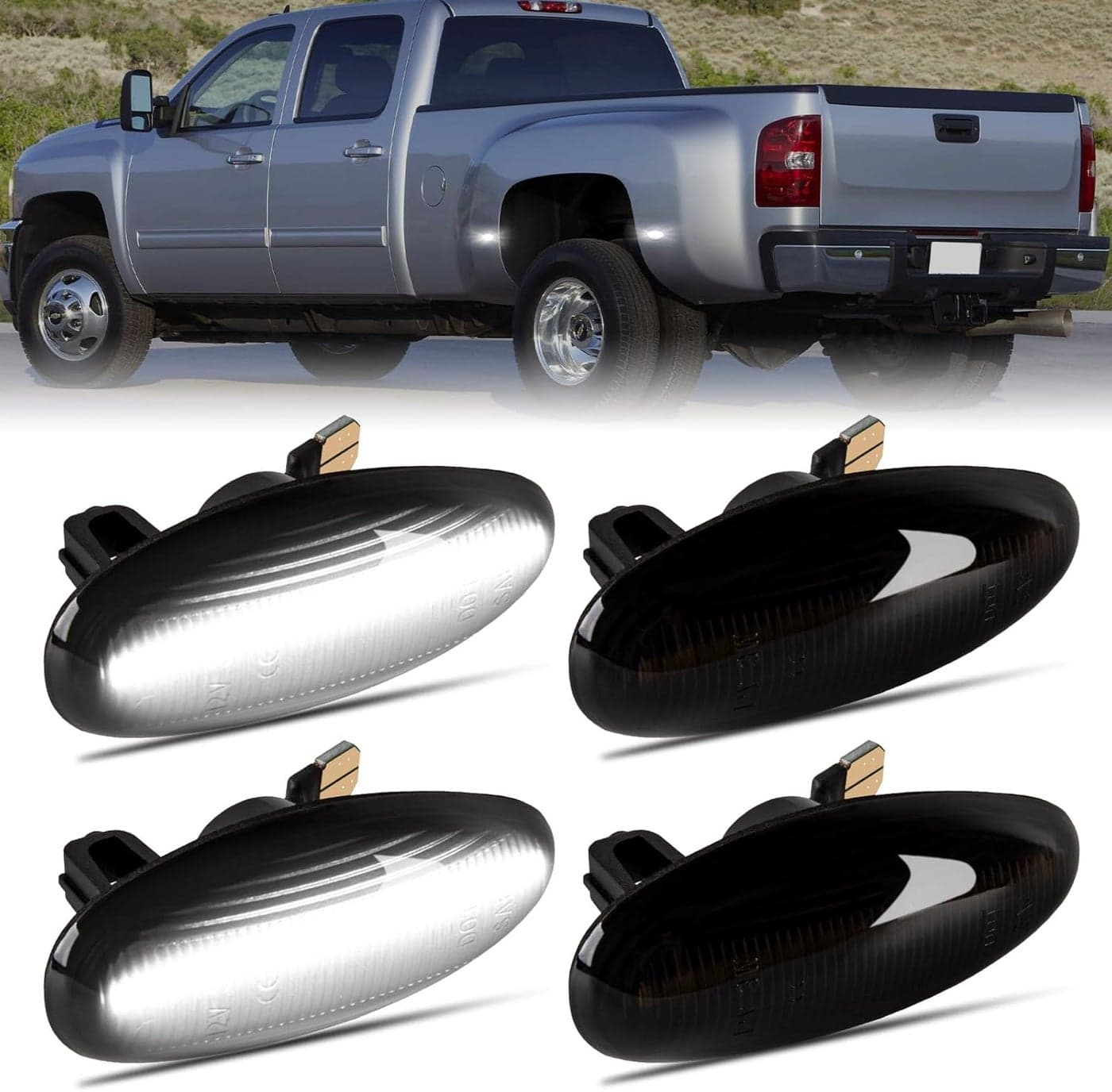 Gempro White LED Dually Fender Side Marker Lights for 2001-2014 Chevy Silverado GMC Sierra 2500 3500 - Smoked Lens, 4PCS