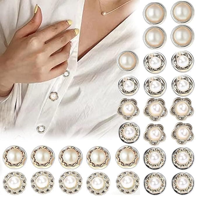FEXONXA 30pcs Pearl Buttons Brooch Set – No Sew Removable Safety Shirt Pins for Cardigan, Saree, Dress, Hats – Faux Pearl Brooch Buttons for Women, Instant Cover-Up & DIY Clothing Decoration