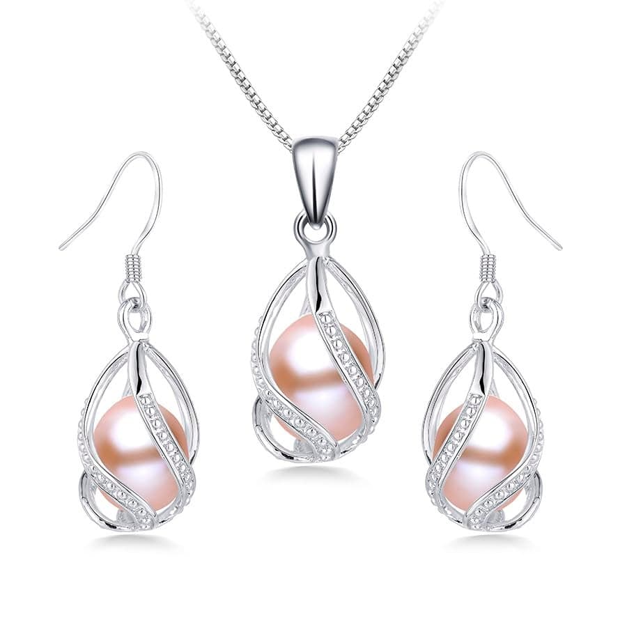 HENGSHENG Pearl Jewelry Set For Women S925 Sterling Silver Necklace & Earrings Set Freshwater Pearl Pendant Cage Set for Wedding Anniversary Prom Birthday Gift - Silvery Pink