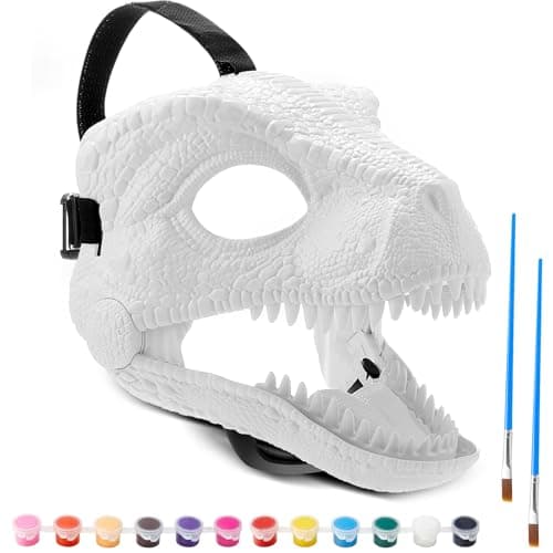 Seenelling 1 Pc DIY White Hard Plastic Dino Mask Moving Jaw Kit with Paint Dinosaur Mask Trex Jurassic for Kids