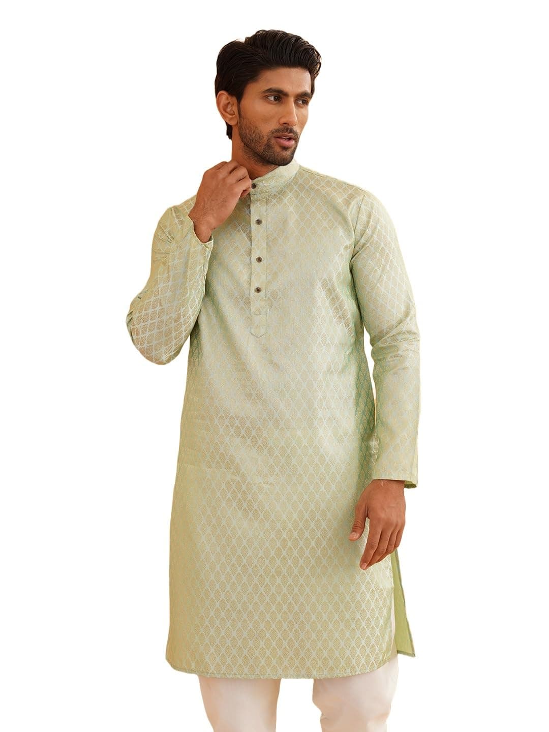 SOJANYA (Since 1958 Men's Silk Blend Self Design Pista Green only Long Kurta