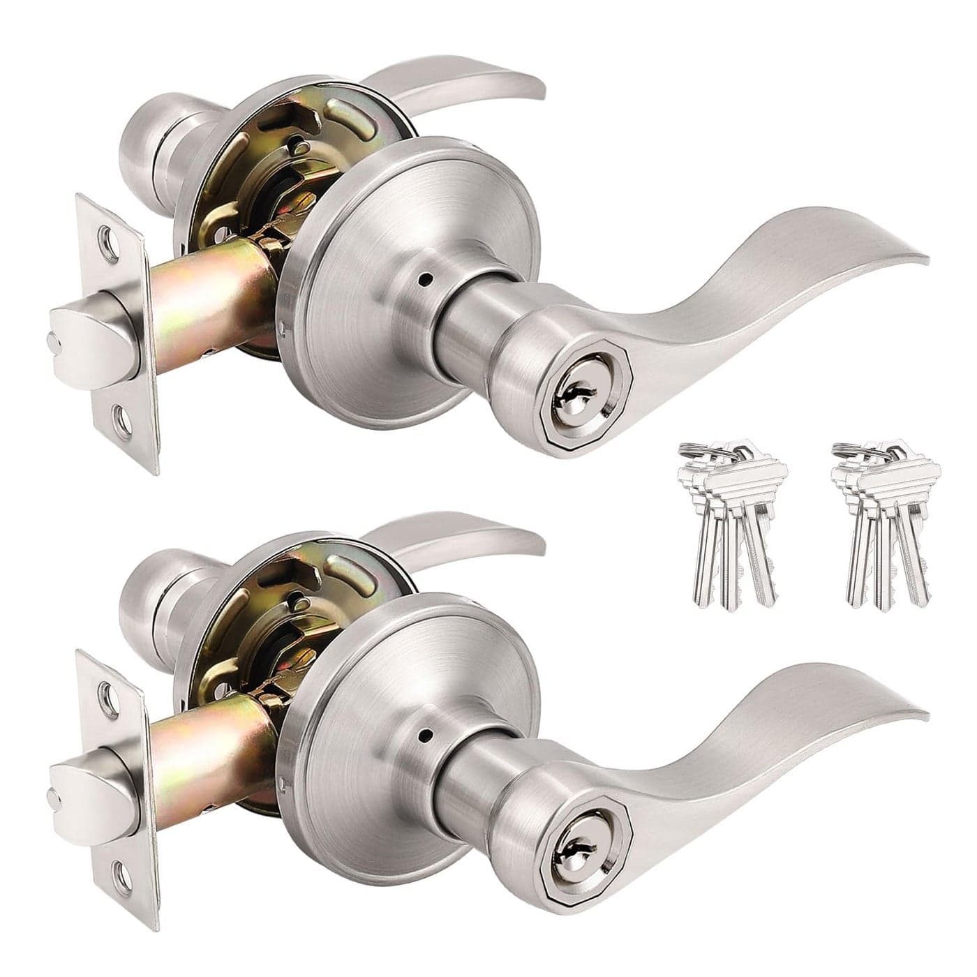 Probrico Keyed Alike Brushed Nickel Door Handle Wave Style Entry Door Handles Door Levers Lockset for Interior and Exterior Doors 2 Pack Modern