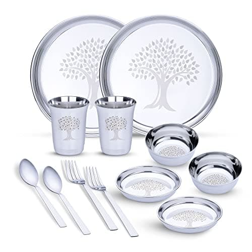Limetro Steel Stainless Steel Dinner Set for 2 Persons | Complete Indian Thali Set with Plates, Bowls/Katori, Glass, Spoon & Fork | Tree Design Steel Dinnerware for Home (Set of 12- Serves 2)