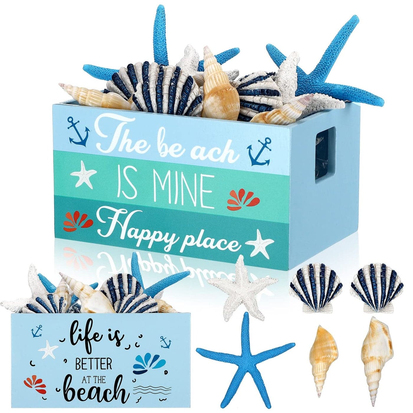 Marsui Beach Table Decor Mini Wooden Crate with 6 Starfish Shells Beach Summer Tiered Tray Decor for home kitchen Table Party Centerpiece