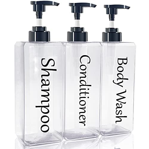 Shampoo and Conditioner Dispenser(Clear, Set of 3, 27oz)- Refillable & EmptyShampoo and Conditioner Bottles- Body Wash Dispenser Set-Modern Shampoo Bottles for Shower Soap